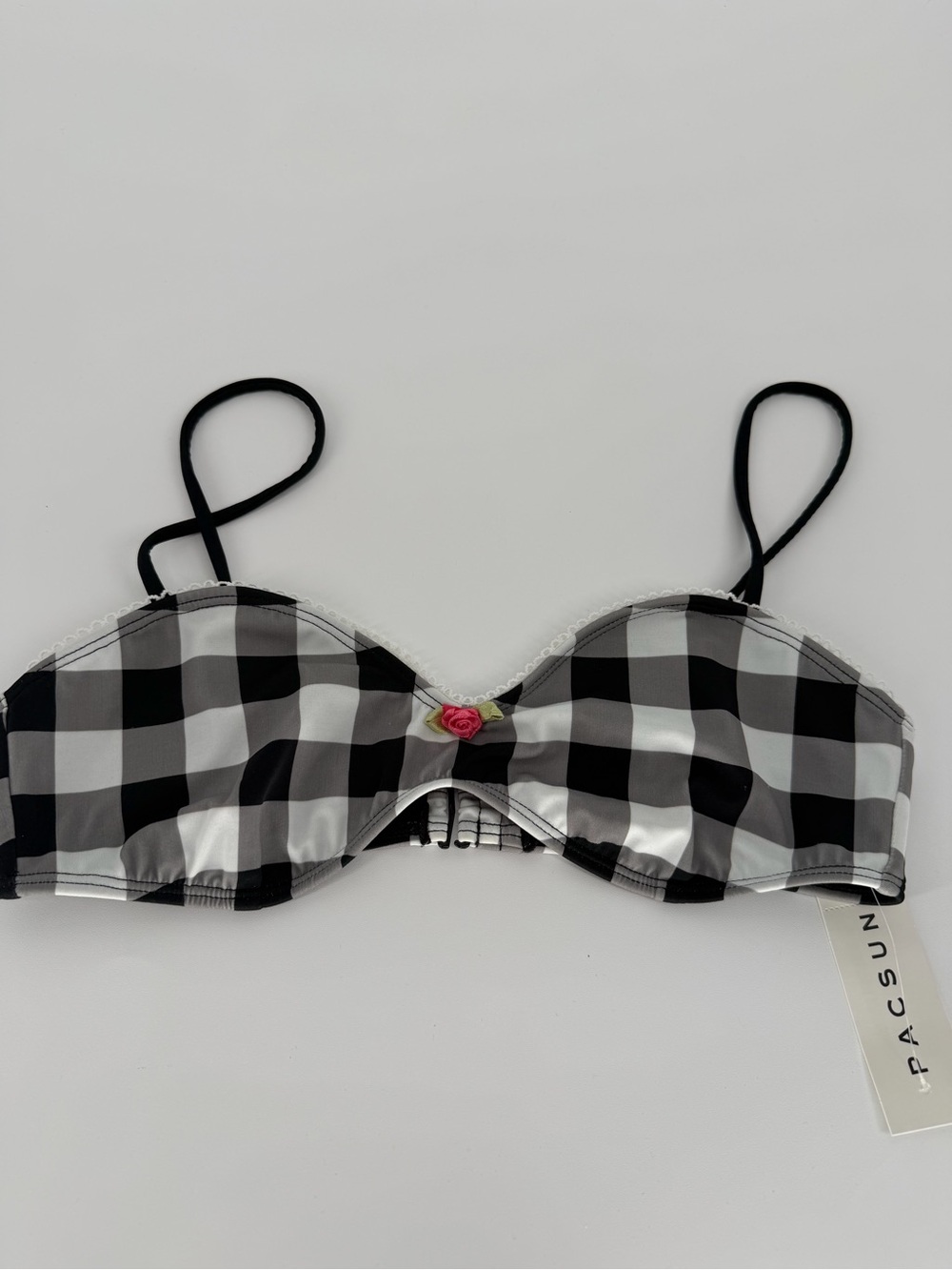 PacSun Black and White Gingham Bikini Top with Pink Rose